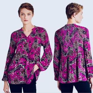 LAUREN Ralph Lauren Black Label Purple Paisley Pleated Georgette Blouse Size L